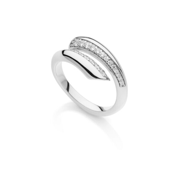 Anello contrarié in argento e zirconi