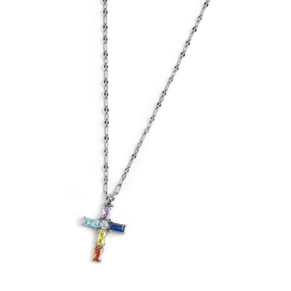 Collana croce pendente con cristalli baguette - immagine 2