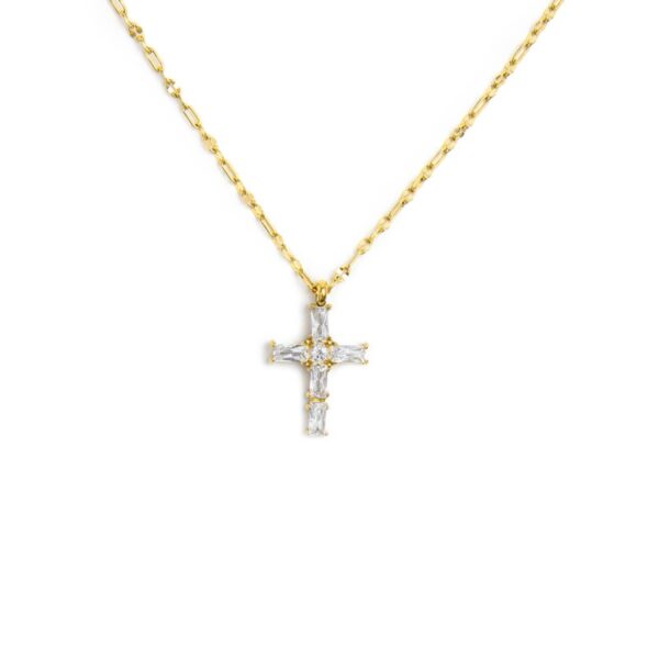 Collana croce pendente con cristalli baguette - immagine 2