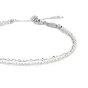 Cavigliera doppia catena con perle bianche e lip-cable