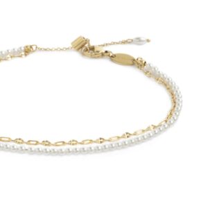 Cavigliera doppia catena con perle bianche e lip-cable